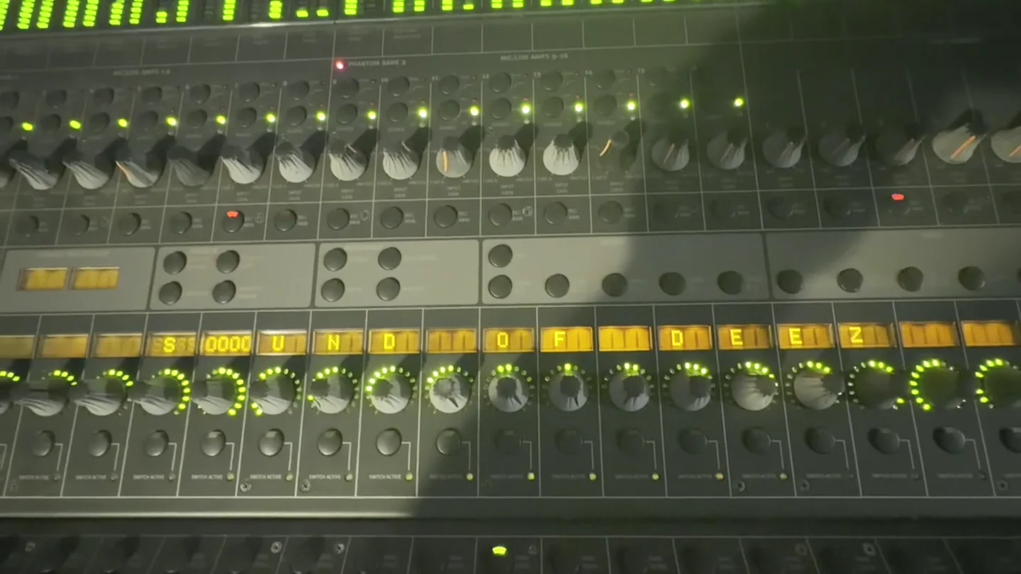 Shaun's Control 24 mid light show: SOUND OF DEEZ across the scribble strips, encoder rings sweeping, meters lit